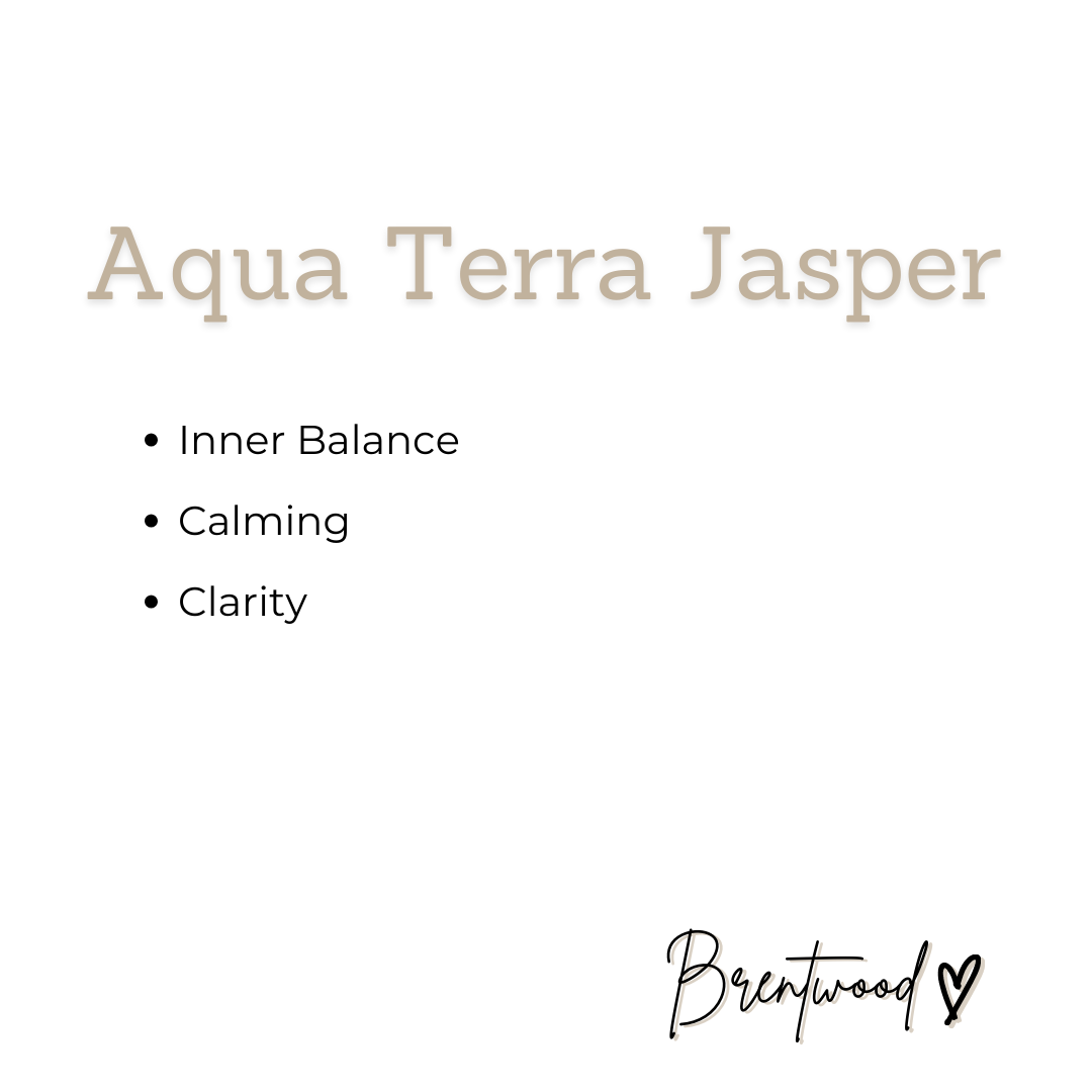 Aqua Terra Jasper meaning/affirmation information. Text on white background displays; "Aqua Terra Jasper... Inner Balance, Calming, Clarity" with Brentwood Collective logo in bottom corner.