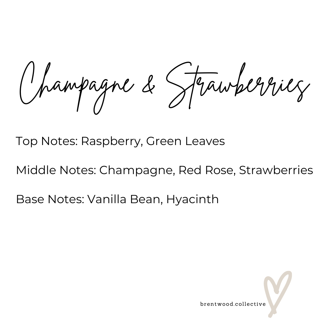 Champagne & Strawberries Scented Candle Fragrance Notes. Text reads "Top Notes: Raspberry, Green Leaves Middle Notes: Champagne, Red Rose, Strawberries Base Notes: Vanilla Bean, Hyacinth" Brentwood Collective Logo in bottom corner with brand love heart