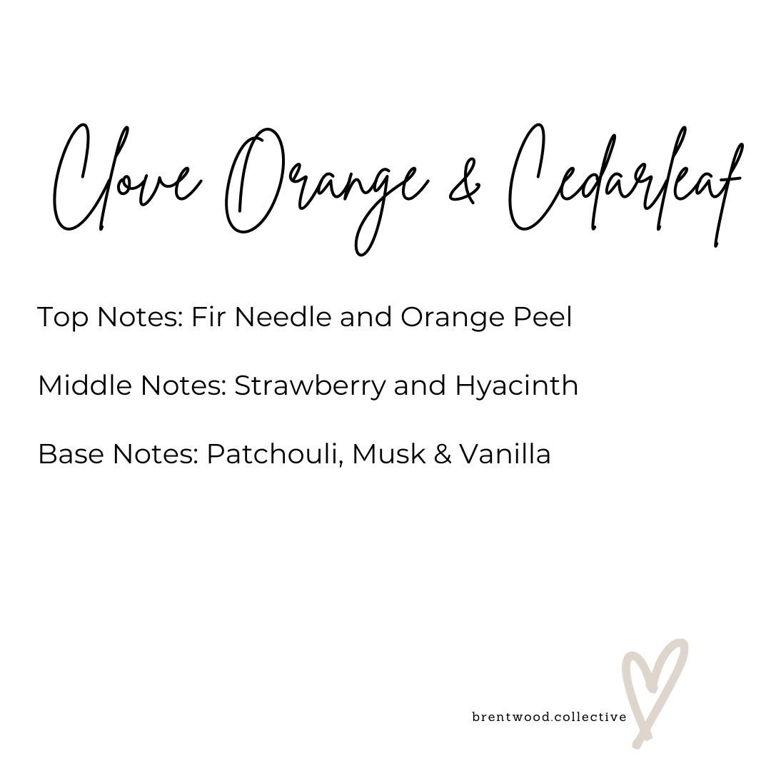 Clove Orange & Cedarleaf Scented Candle Fragrance Notes. Text reads "Top Notes: Fir Needle and Orange Peel Middle Notes: Strawberry and Hyacinth Base Notes: Patchouli, Musk & Vanilla" Brentwood Collective Logo in bottom corner with brand love heart