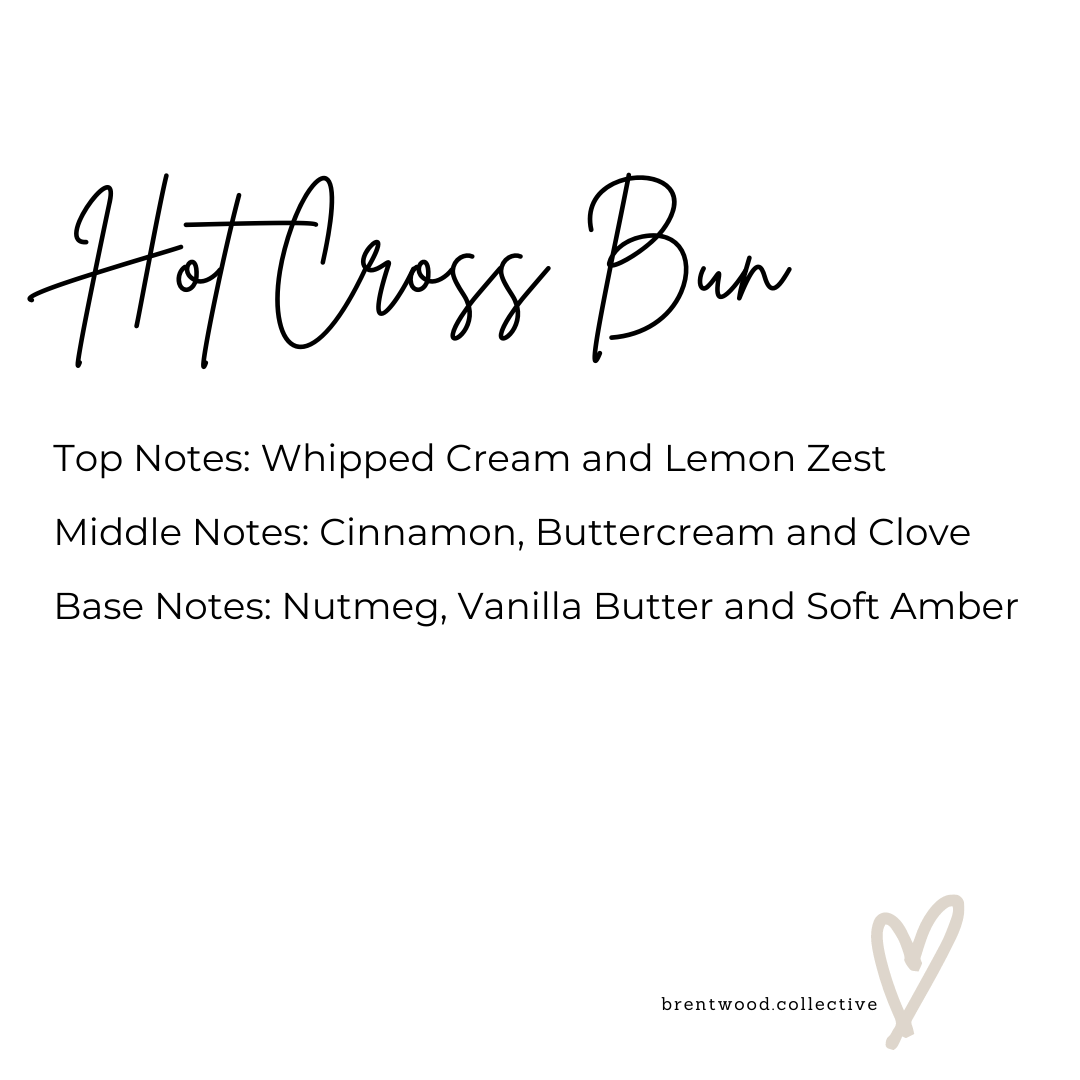 Hot Cross Bun Scented Candle Fragrance Notes. Text reads "Top Notes: Whipped Cream and Lemon Zest Middle Notes: Cinnamon, Buttercream and Clove Base Notes: Nutmeg, Vanilla Butter and Soft Amber" Brentwood Collective Logo in bottom corner with brand love heart